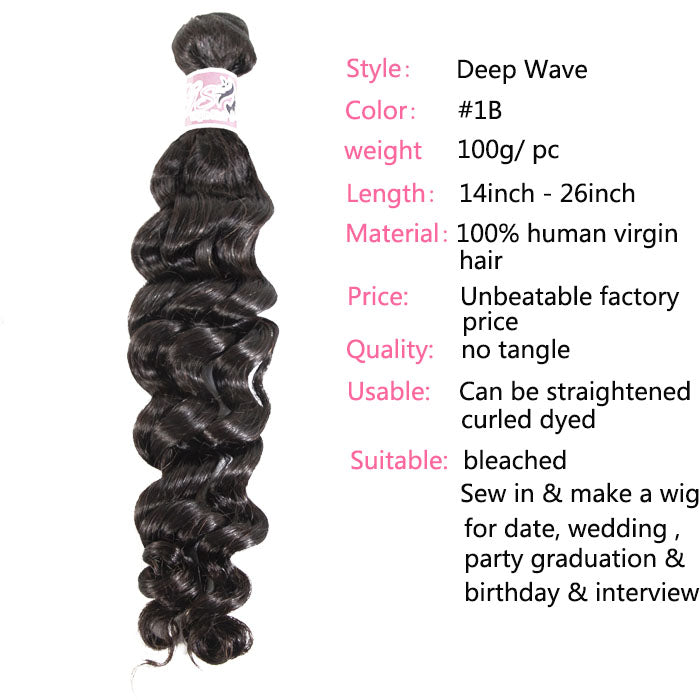 GS Virgin Hair Deep Wave 4 Bundles with 4x4 Free Part HD Lace Closure Natural Black
