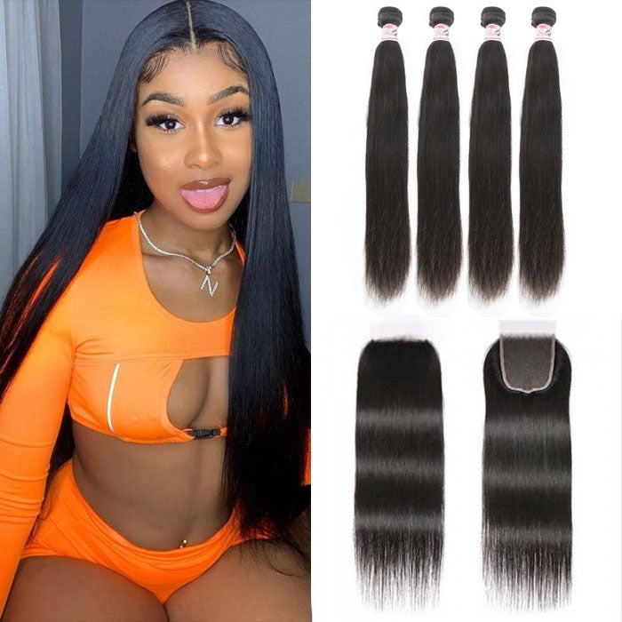 GS Virgin Hair 5X5 HD Lace Closure With 4 Bundles Straight Hair 100% Transparent Lace Closure Invisible Knots Cabello Series