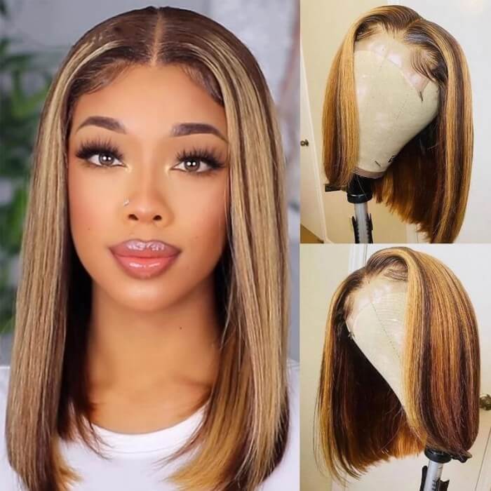 GS Virgin Hair 13x4 Highlight Straight Bob Lace Front Human Hair Wigs 150% Density Ombre Color Pre Plucked with Baby Hair Lace Frontal Wigs for African American Women