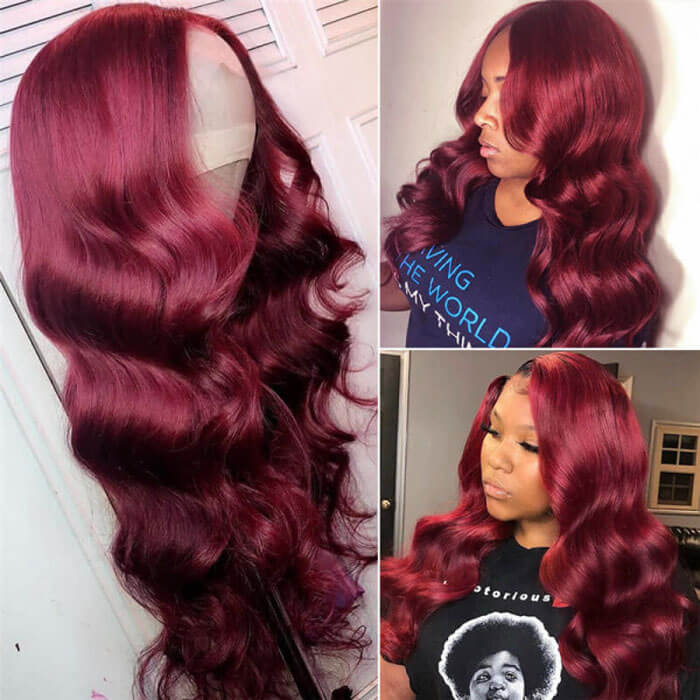 GS Virgin Hair 99J Body Wave Wigs 4*4 13*4 Lace Closure Wigs Burgundy Colored Wigs