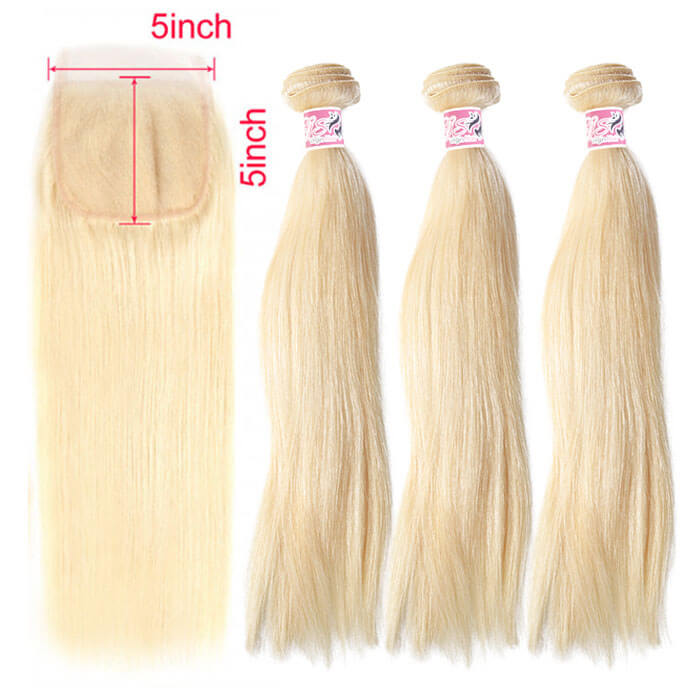 GS Virgin Hair Blonde Straight Hair 5*5 Lace Closure With 3 Bundles Brazilian Virgin Straight Human Hair Weaves