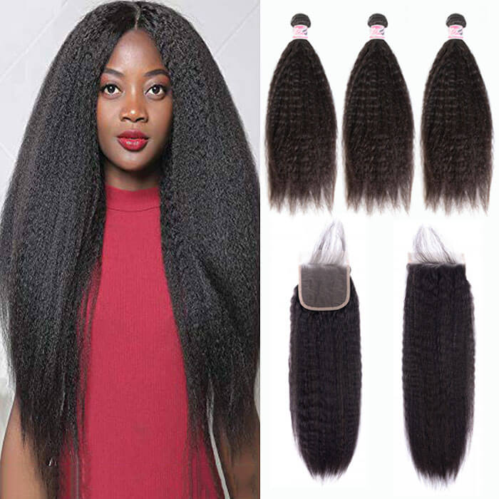 GS Virgin Hair Kinky Straight Hair 3 Bundles With a Brazilian Kinky Straight Hair 4x4 Lace Closure