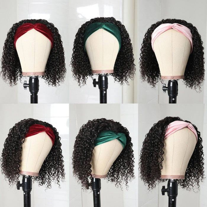 GS Virgin Hair Curly Headband Wig Human Hair for Women Glueless Natural Black Wig With Headband Cabello Series