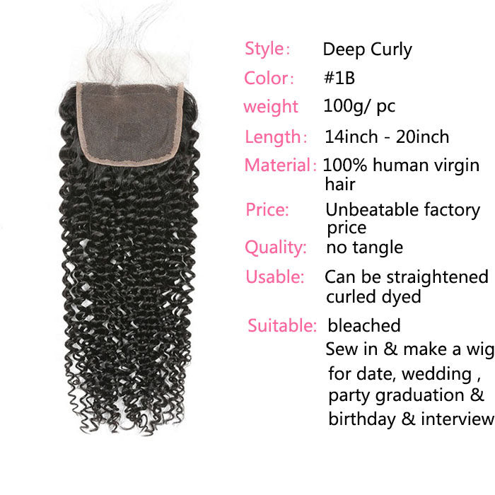 GS Virgin Hair Transparent Deep Curly Human Hair 3 Bundles With Lace Closure Virgin Hair Curly Bundles  Natural Black  Cabello Series