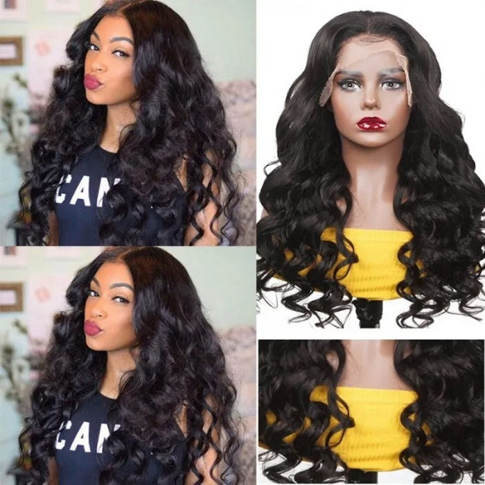 GS Virgin Hair New Style Bouncy Body Wave 13x4 Transparent Lace Frontal Wigs Human Hair Natural Black