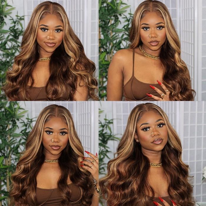 GS Virgin Hair Honey Blonde Highlight 150 density 13X4 Lace Frontal Wigs Human Hair Body Wave Colored Wigs Cabello Series