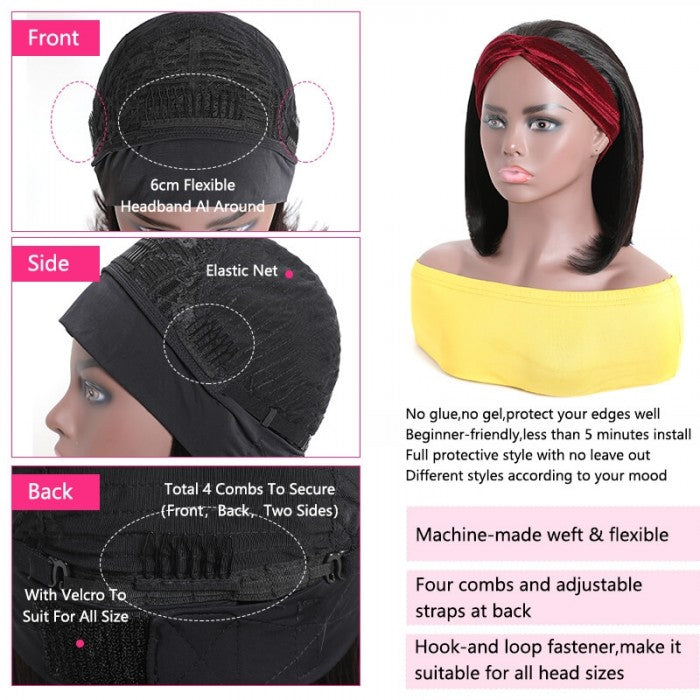 GS Virgin Hair Straight Wigs Headband Wigs Human Hair Short Straight Wig for Women Cabello Series