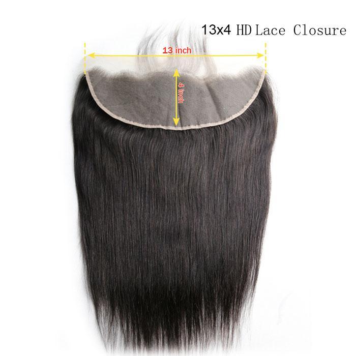 GS Virgin Hair 3 Bundles Straight With Closure 100% Virgin Remy Human Hair 13X4 HD Lace Closure Natural Black Color