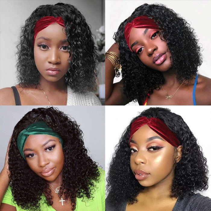 GS Virgin Hair Curly Headband Wig Human Hair for Women Glueless Natural Black Wig With Headband Cabello Series