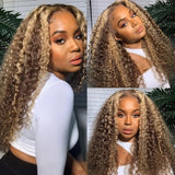GS Virgin Hair 13x4 180 Density  Honey Blonde Money Piece Highlight Lace Front Curly Human Hair Wigs Cabello  Series