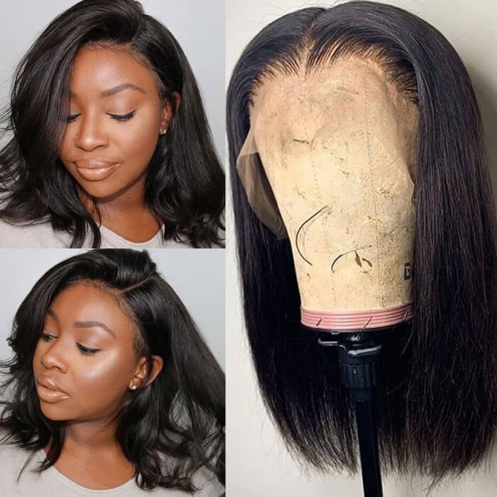 GS Virgin Hair Short Straight Lace Frontal Bob Wig With Baby Hairs Along The Hairline 100% Human Hair Without Bangs