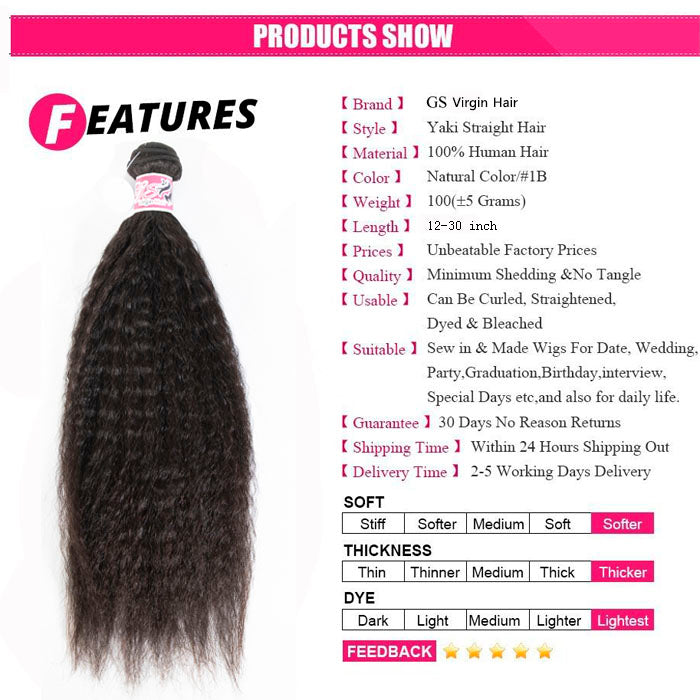 GS Virgin Hair Cabello Series Hair 1Bundle Virgin Human Hair yaki Straight Bundles